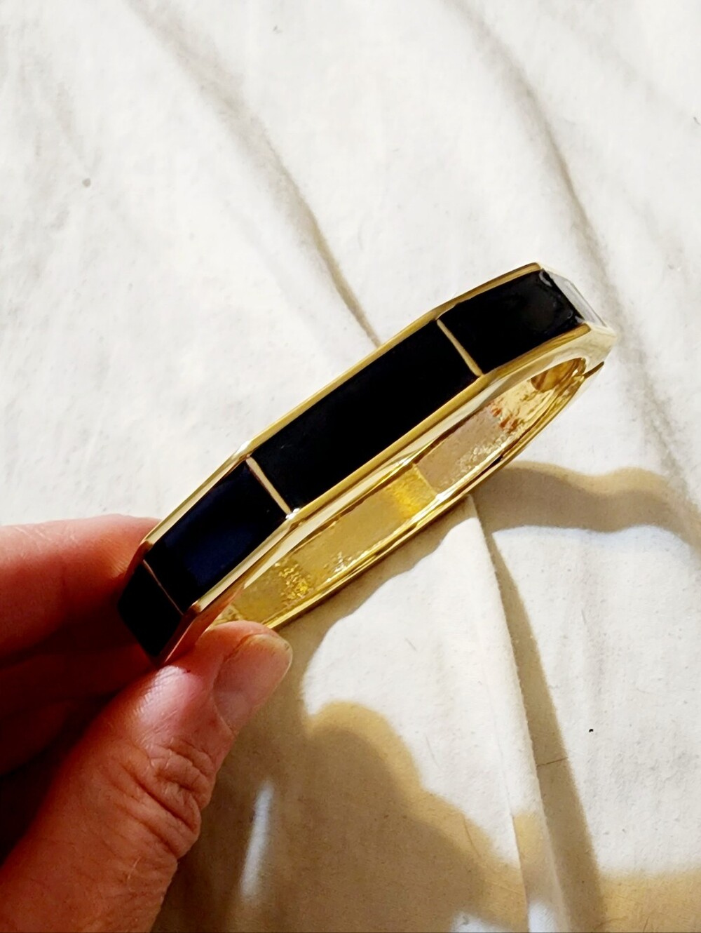 Gold Tone Black Enamel Hinged Bangle Bracelet
